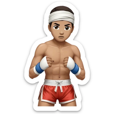 ​Cinematic Realistic Traditional Muay Thai Fighter, depicted in authentic attire featuring white bandaged gloves wrapped around his fists, a traditional headband tied neatly, and classic Muay Thai shorts, captured in a dynamic fighting stance under dramatic, high-energy lighting that highlights the raw power and elegance of the art, sticker