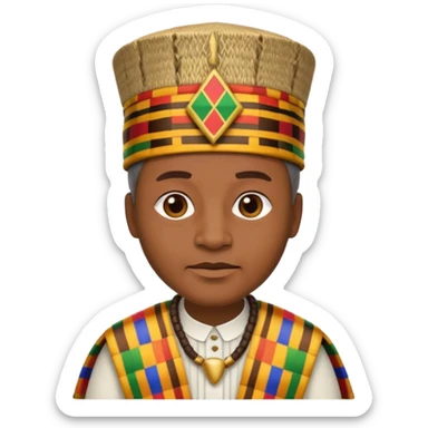 Create an emoji of an old African king wearing kente cloth and white shirt with an african kufi hat sticker