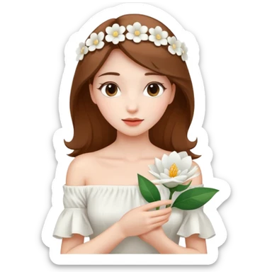 Pretty lady wearing a white silky off-the-shoulder folded neckline and holding a white flower on her right hand sticker