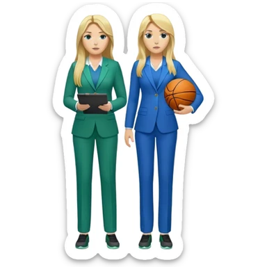 Full Body white plus size female basketball head coach using a clipboard with long blonde hair in a blue and green suit sticker