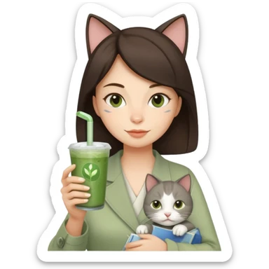 a brunette woman in here 30S drinking an iced matcha, carrying a grey cat and a map of the world sticker