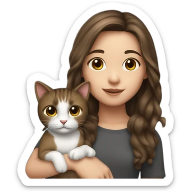 young girl with brown hair and cat black and white sticker