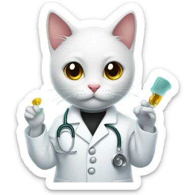Black cat in lab coat with shocked expression holding a vial sticker