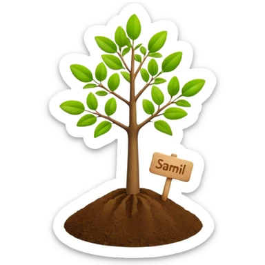 small green tree sapling with wooden name tag on soft soil, apple 3d emoji style sticker