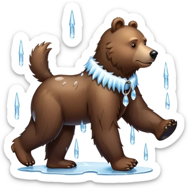 Natural looking brown bear walking on four paws, wearing a thick collar made of clear ice with sharp icicles dangling from it, like a large dog collar shape sticker
