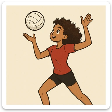 curly haired girl playing volleyball, serving the ball, simple background sticker
