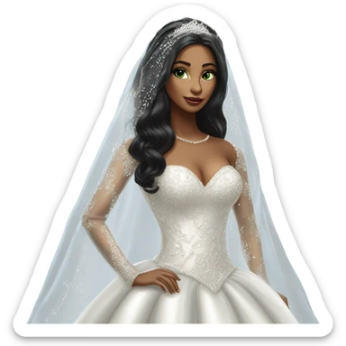 Hyper Realistic ornate ballgown long sleeve Wedding dress with diamanté on bride with green eyes and long black hair with veil sticker