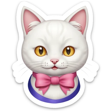 The face of a white cat with a bow and a wink.  sticker
