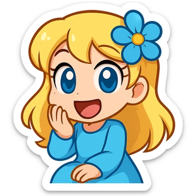 Extract the top right character with blonde hair, blue flower, and blue outfit as a fully visible, separate image with a transparent background, keeping the original chibi stickers cartoon style and appearance. sticker