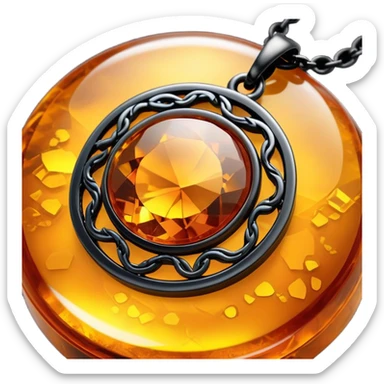 extreme close up of a round cut holographic amber charm with black metal accent and black chain sticker