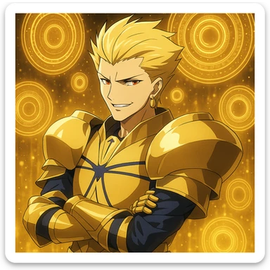 Gilgamesh from Fate anime, summoning golden portals, smirking, anime style sticker