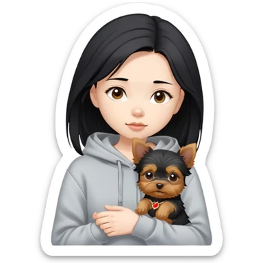 a black-haired asian girl in a gey hoodie with a yorkie puppy sticker
