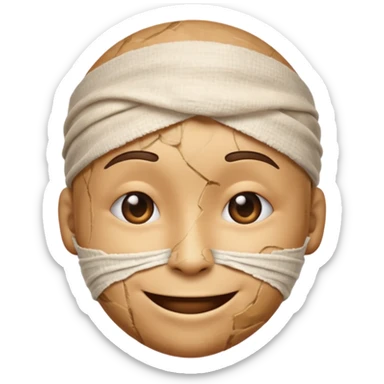 A battered emoji, bandaged head, scratches, but smiling sticker