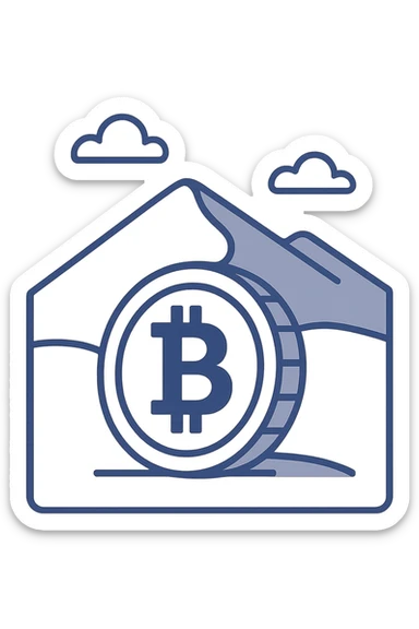 Bitcoin coin in front of a sand dune, flat modern style, Middle Eastern trading theme sticker