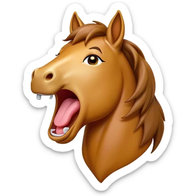 Cinematic Cute Yawning Bay Horse Portrait Emoji, Head tilted slightly with a dramatic, wide-open yawn, revealing a smooth bay fur with a subtle luster, floppy ears slightly drooping, round amber eyes barely open in drowsy contentment, Simplified yet irresistibly adorable features, highly detailed, glowing with a soft, cozy glow, high shine, relaxed yet expressive, stylized with a touch of equine whimsy, bright and endearing, soft glowing outline, capturing the essence of a sleepy yet affectionate horse, so drowsy it feels like it could stretch out of the screen and curl up for a nap! sticker