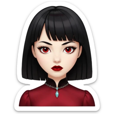 “Emoji girl, porcelain skin, sharp eyeliner, vampy deep red lips, straight jet-black hair with bangs, intense eyes, wearing black silk dress.” sticker