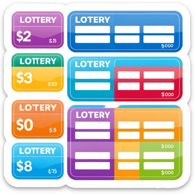 Create blank lottery coupons fanned out, clean and colorful, with different header colors and simple grid sections. No numbers, no text—just empty fields and a lottery-ticket layout. Bright, modern, and on a neutral background. sticker