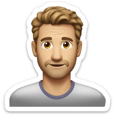 A head and shoulders shot of a 34 year old White man, with short brown hair, with stubble facial hair,   with brown eyes wearing a t-shirt. sticker