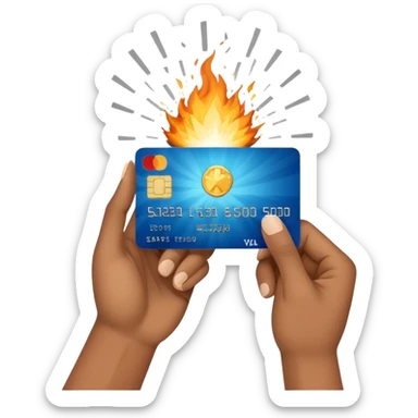 hand holding credit card forward with an explosion underneath sticker