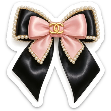heart only the elegant bow with pearls and gold Chanel logo, glossy, pastel colors, realistic style, with no background. black pink,  sticker