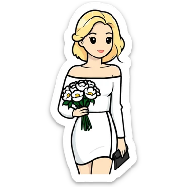 blonde woman in a white off-shoulder dress with long sleeves and a bouquet of white flowers in a white bag in her right hand sticker