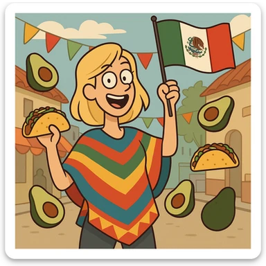 playful cartoon of a tall blonde woman wearing a colorful poncho, smiling, holding a taco and an avocado, waving a Mexico flag, surrounded by tacos and avocados, street party scene sticker