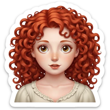 lady with Soft, round face, rosy cheeks, wide expressive eyes, Curly red hair, often styled in intricate ringlets, Fair skin, freckles, sticker
