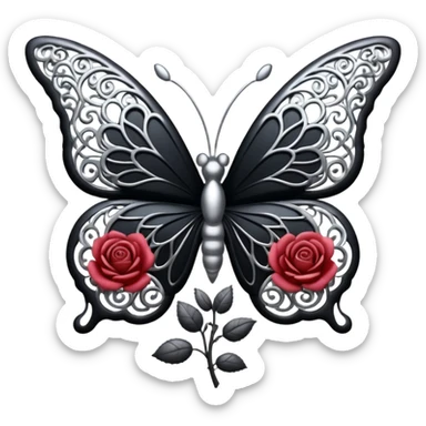 Black and silver filigree rose with a stunning butterfly, 3D, extremely detailed design sticker