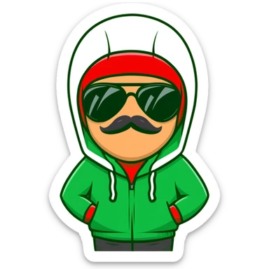 middle-aged man with thin mustache, black aviator sunglasses, red hoodie with hood covering head sticker