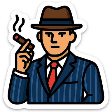 gangster, 1920s mobster, pinstripe suit, fedora, confident pose, holding cigar sticker