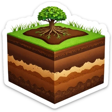 A 3D cartoon cross-section of soil layers with green grass on top, visible brown earth textures, clean white background, smooth and detailed Memoji-style. sticker