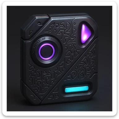 A S'pht Pfhor dialect radio transmission compiler: a compact, alien communication device with S'pht glyphs, pulsing lights, and a blend of smooth curves and sharp angles. The design evokes Marathon's alien tech, with a metallic finish and hints of purple and teal. sticker