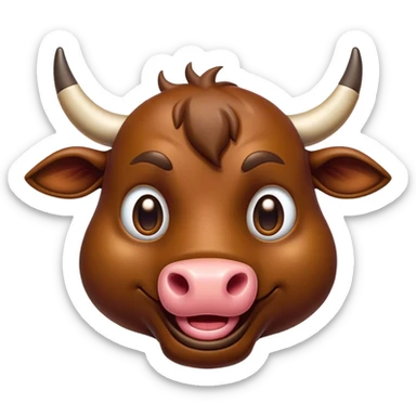 Cinematic Comical Brown Bull Portrait Emoji, Head tilted dramatically with an exaggeratedly amused expression, featuring a striking, glossy brown hide with a bold natural sheen, wide, expressive dark eyes filled with playful disbelief, Simplified yet hilariously expressive features, highly detailed, glowing with a slightly sassy glow, high shine, dramatic yet playful, stylized with an air of cheeky mischief, bright and endearing, soft glowing outline, capturing the essence of a spirited and over-the-top bull, so meme-worthy it feels like it could charge its way into internet fame instantly! sticker