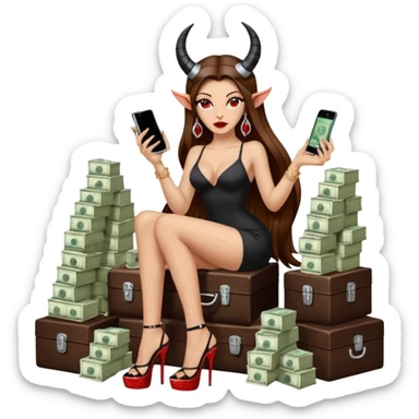 Sensual seductress long brown straight haired sexy drug lord woman with  glitter platform high heels on her feet,  and devil black horns on her head, holding a stack of cash, has a phone in other hand. Sitting on  Cases of drugs. Evil  sticker