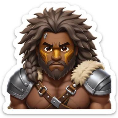 Clash of Clans aesthetic: Cinematic Battle-Hardened Barbarian Portrait Emoji, Stark and unyielding with a burly, muscular frame marked by scars, wild, flowing hair and a steely, unrelenting gaze, dressed in rugged furs and bone armor, Simplified yet meticulously detailed features, highly detailed, glowing with a cool, steely radiance, high shine, relentless and valorous, stylized with an air of ancient tribal might, focused and resolute, soft glowing outline, capturing the essence of a seasoned barbarian whose every scar tells a story of survival and conquest! sticker