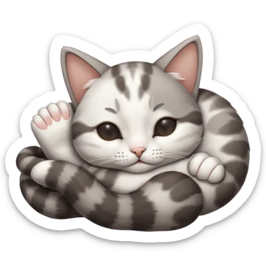 grey and white small cat with eyes closed lying down upside down with its paws/arms tightly covering its own face sticker