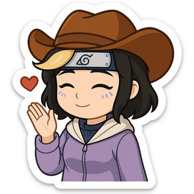 Edit the chibi cowgirl with short hair and a blonde streak to cosplay as Hinata from Naruto. Add Hinata's signature lavender jacket, blue ninja headband, and a gentle expression. Keep the chibi/anime style, cowboy hat, and no guns. Maintain a transparent background. Sized for Twitch or Discord use. sticker