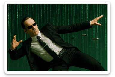 Agent Smith from The Matrix, action pose dodging bullets, black suit, sunglasses, digital rain background sticker