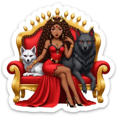 Lilith symbol seductress evil brown curly long hair haired, sexy succubus woman with red and black Chanel dress sitting on a Black and gold throne. A large black wolf laying beside he sticker