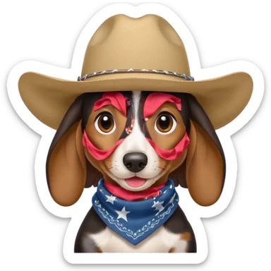 mostly black with some brown long hair daschund with a cowboy hat, ears curl out a bit and bandana and tongue slightly out sticker