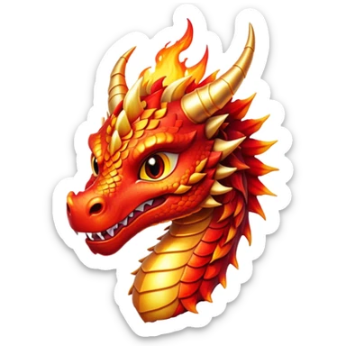 Cinematic Cute Fierce Fire Dragon Portrait Emoji, Head tilted playfully and inquisitively, showcasing a robust, flame-embellished form with intricately detailed scales in vibrant reds and glistening golds, accented by flickering ember highlights and a warm, inviting glow; rendered with lifelike detail and radiant natural light, high shine, spirited yet endearing, styled with a touch of blazing whimsy, soft glowing outline, capturing the essence of a mischievous yet charming inferno that seems ready to dance with playful fire! sticker