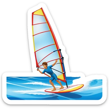 A windsurfer gliding across the water, with a vibrant sail catching the wind. The scene captures the motion of the board riding the waves, surrounded by the bright blue sky and ocean, symbolizing the excitement and skill required in the sport of windsurfing. sticker