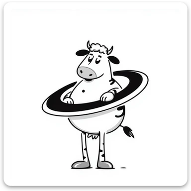 a cow with the body of the planet Saturn with visible rings and gigantic human feet, illustrative style sticker