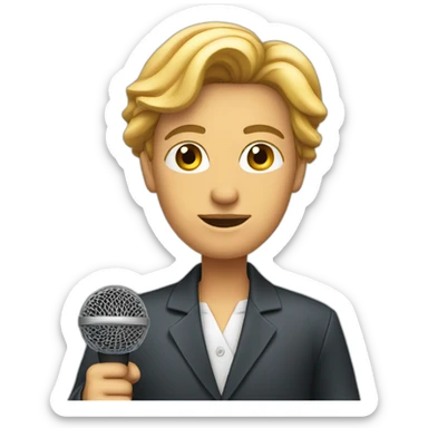 journalist standing confidently while holding a microphone. The journalist should be in professional attire sticker