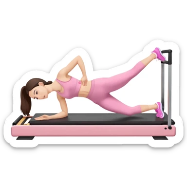 white brunette girl in light pink workout clothes doing a plank on a reformer sticker