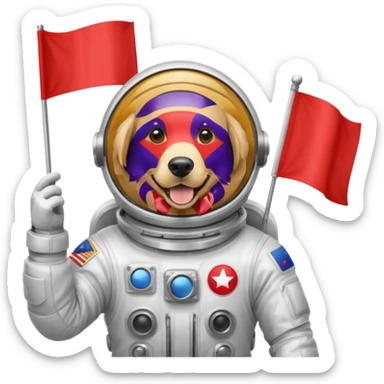 golden retriever body in space suit holding red rectangle flag sticker