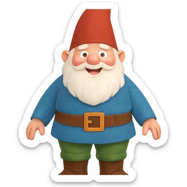 A large gnome in a colorful outfit, standing tall with a cheerful expression sticker