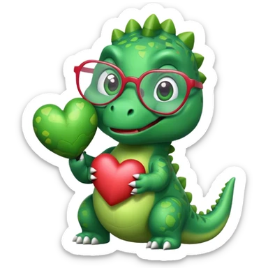 dinosaur in glasses holding hearts sticker