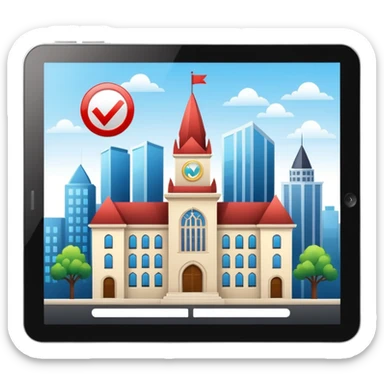 digital tablet with check mark and city hall icon, glossy and clean sticker