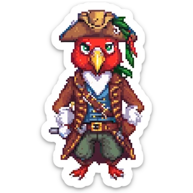 a pirate captain with a red parrot, pixel art style sticker